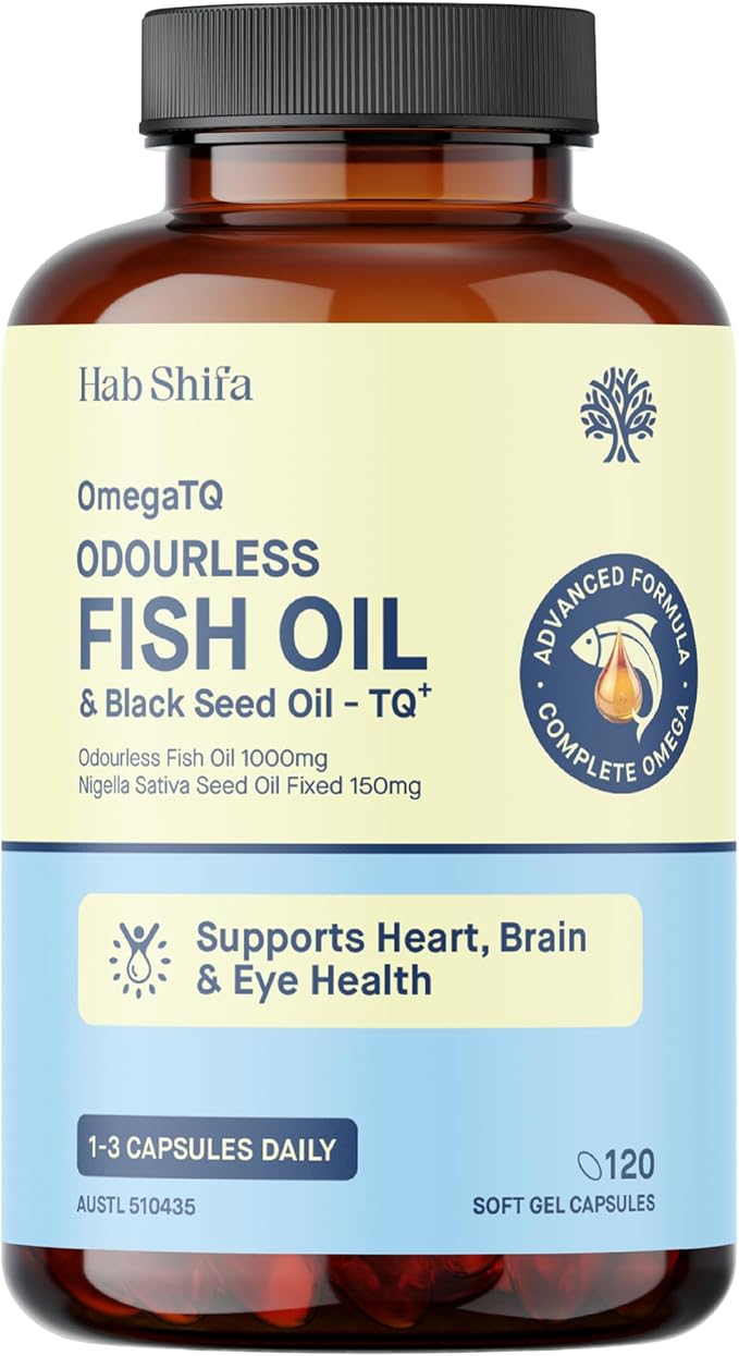 Hab Shifa OmegaTQ Black Seed & Odourless Fish Oil 120 Soft Gel Capsules - Front Bottle