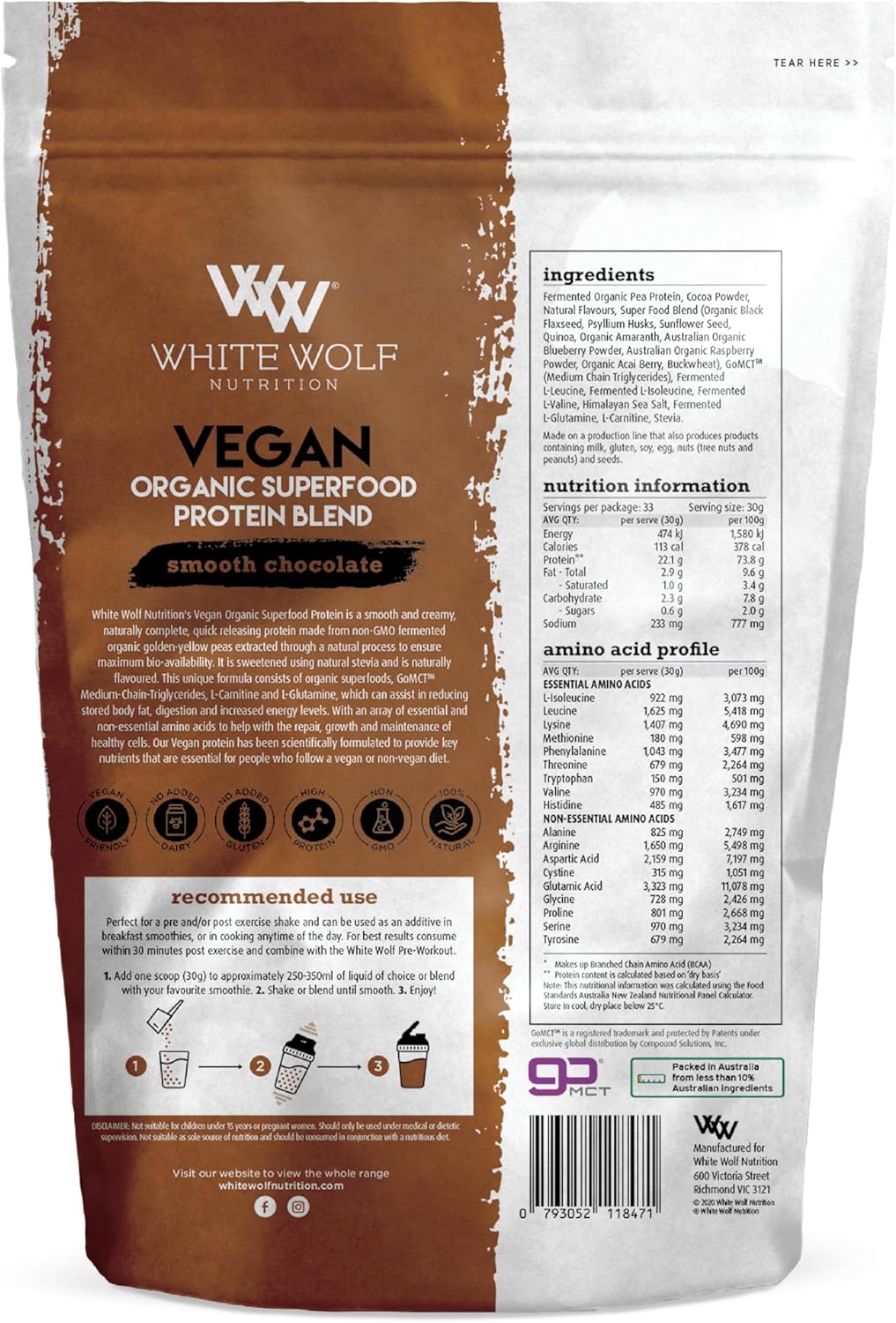 White Wolf Nutrition Vegan All In One Pea Protein - 1 kg Smooth Chocolate