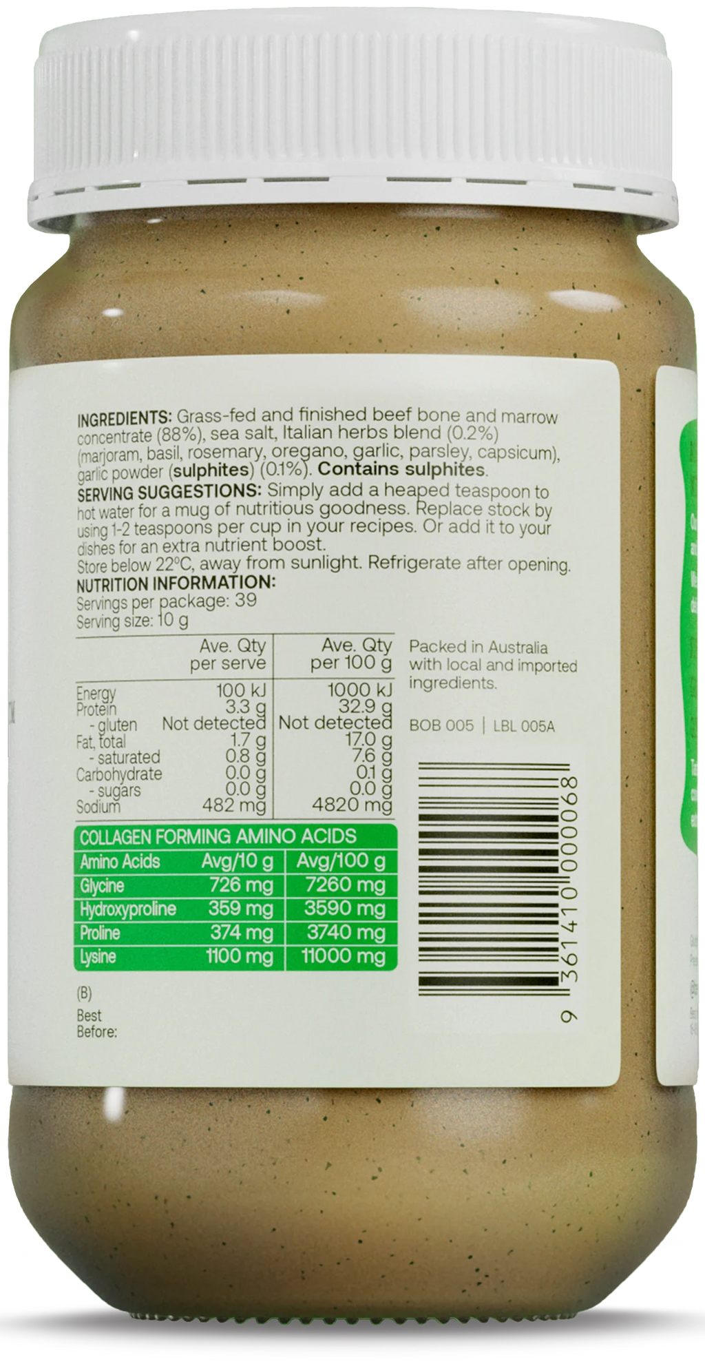 Best of the Bone Bone Broth Beef Concentrate Organic Italian Herbs & Garlic 390g