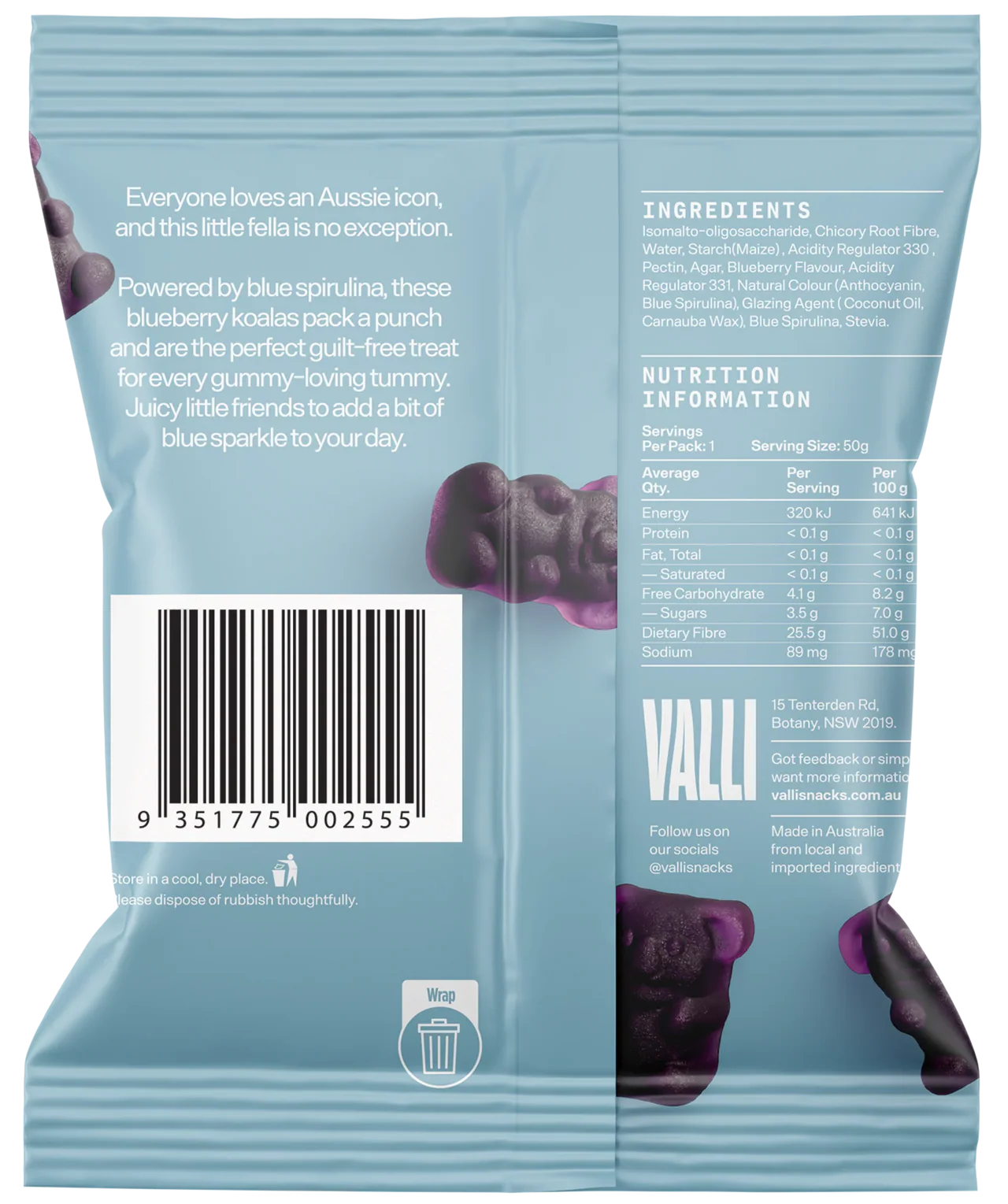 Valli Snacks Blueberry Koala Bears with Blue Spirulina | 50g