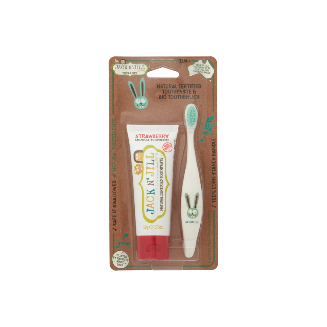 Jack n Jill Tooth Buddy Pack - Natural Certified Toothpaste Strawberry + Kids Toothbrush Bunny